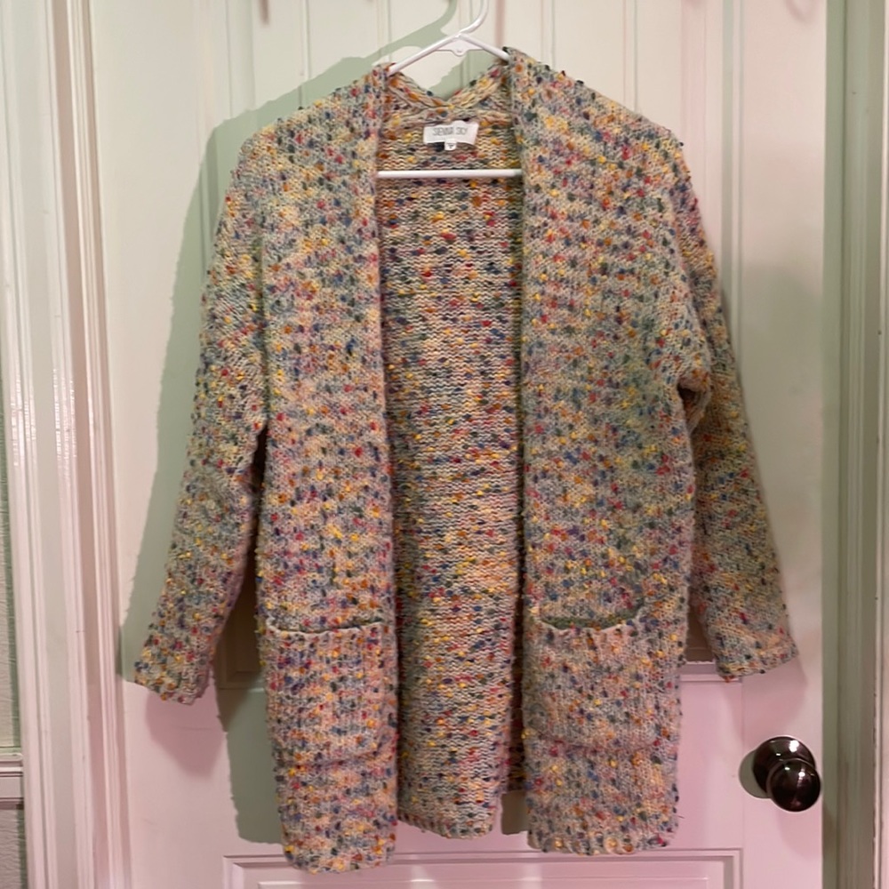 Cozy cardigan; multicolored; sienna sky; goes with everything!